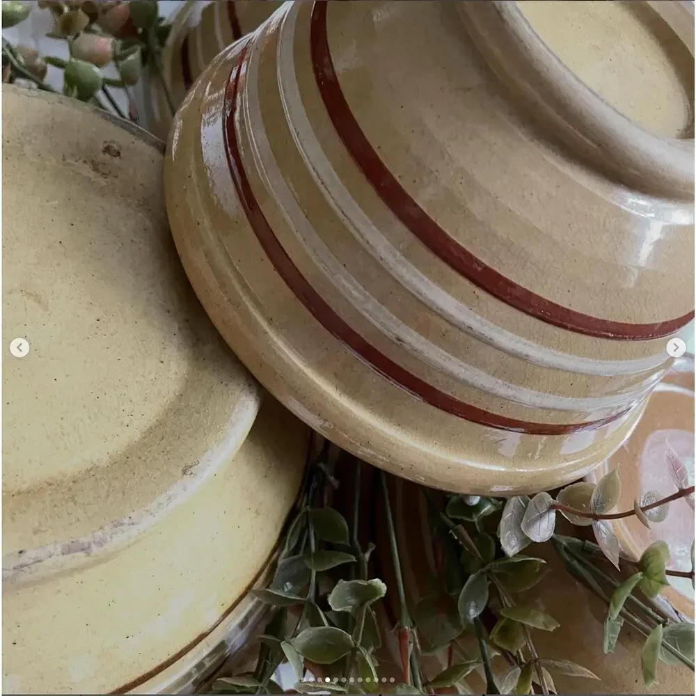 Antique 1930s Yellowware Stoneware Nesting Mixing Bowl White Brown Stripe Set x4